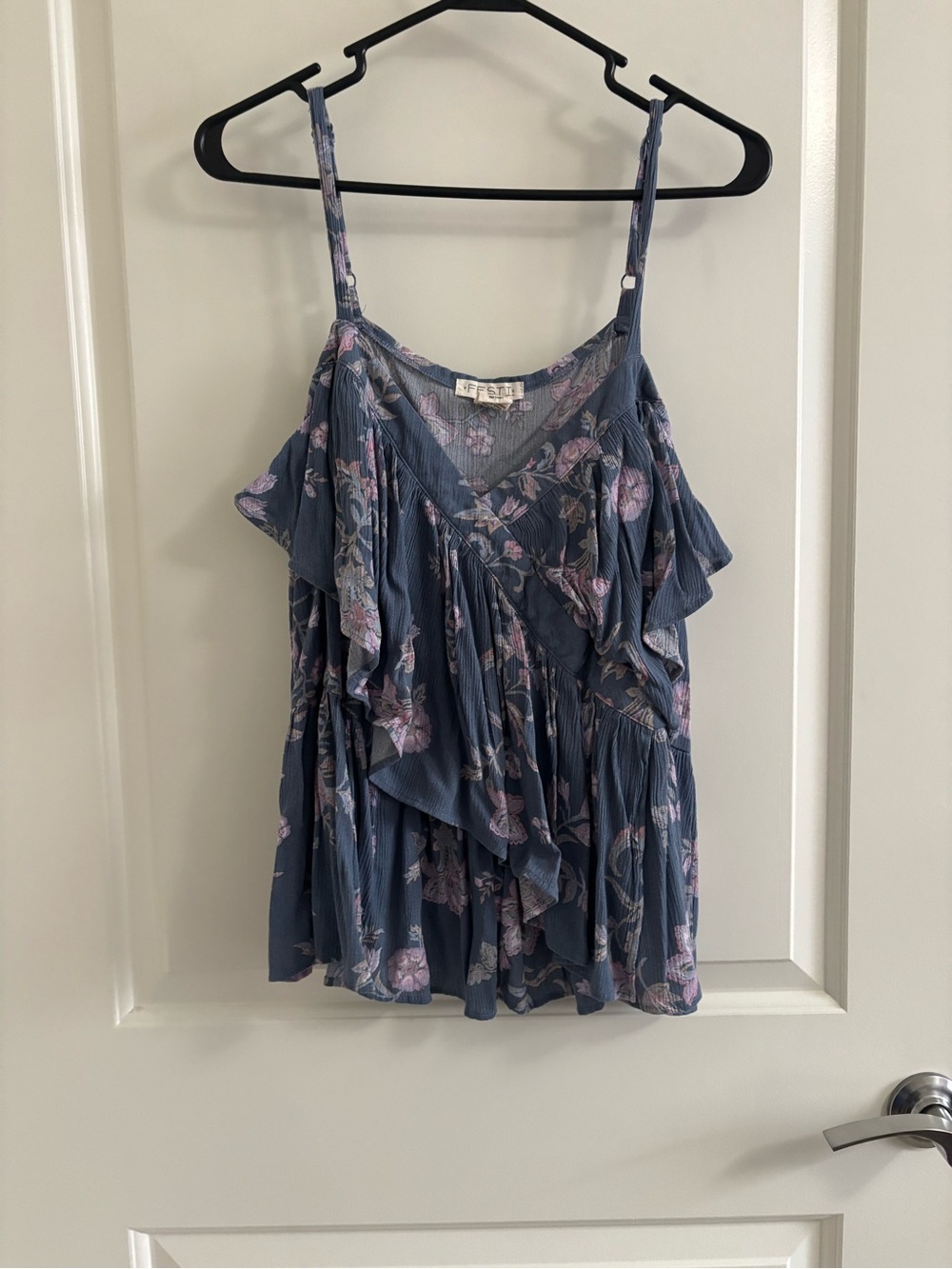 Blue Floral Ruffle Tank with Adjustable Straps